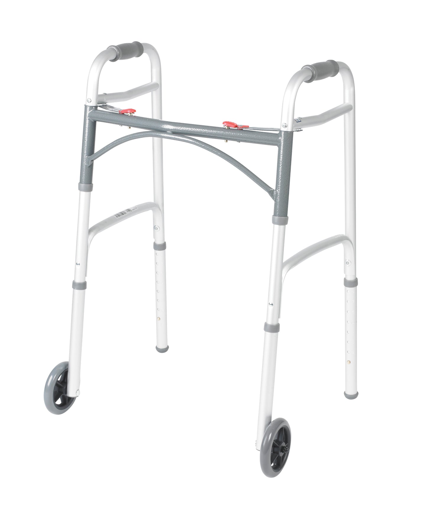 Folding walker with two push buttons, gray-and-white frame, and rolling wheels