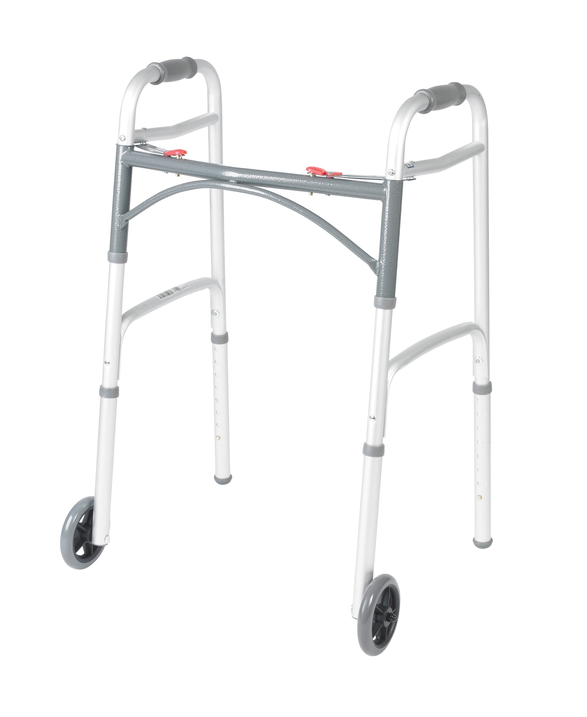 Folding walker with two push buttons, gray-and-white frame, and rolling wheels