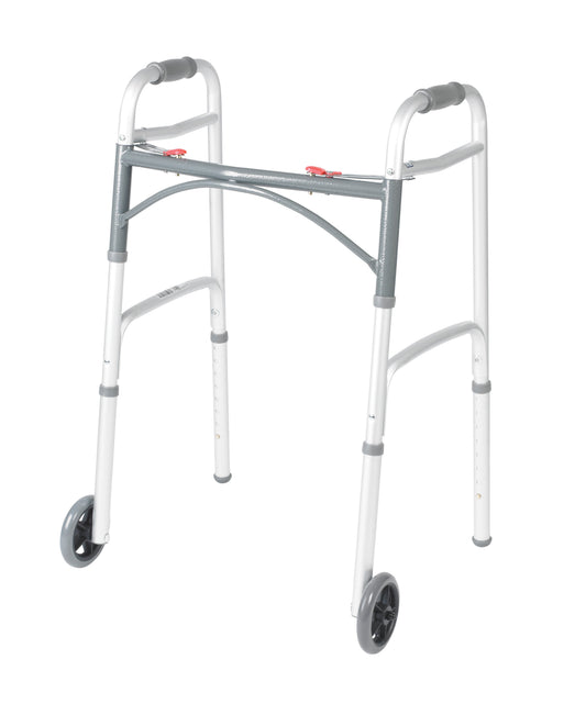 Folding walker with two push buttons, gray-and-white frame, and rolling wheels