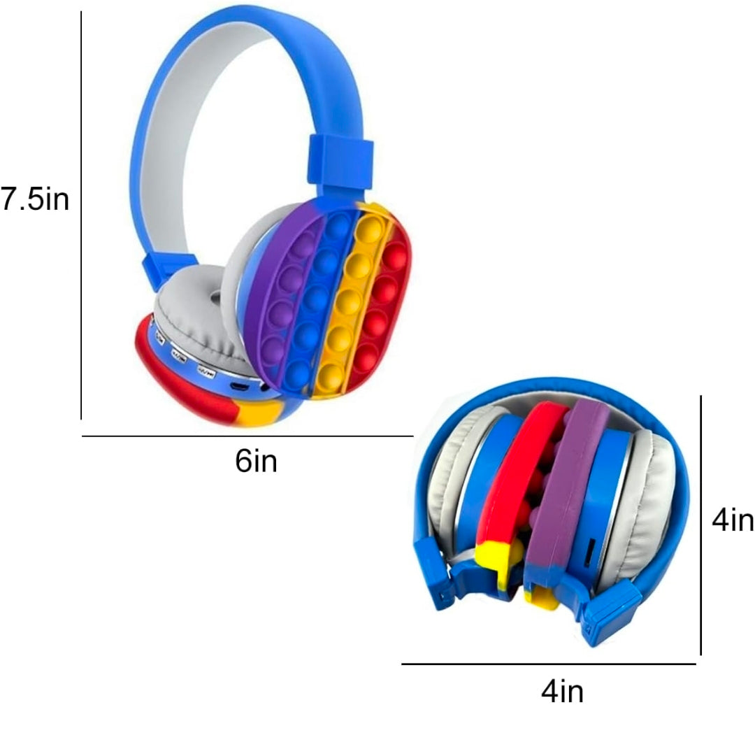 Compact on-ear headphones with blue frame, rainbow bubble pop earcups, gray padding