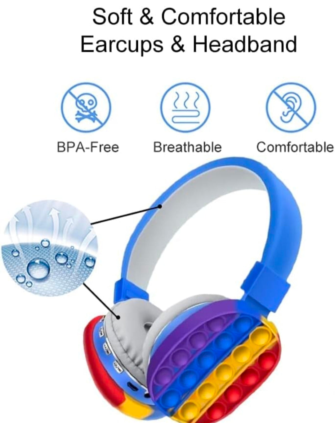 Comfort fit on-ear headphones with blue headband, rainbow bubble pop earcups, gray earpads