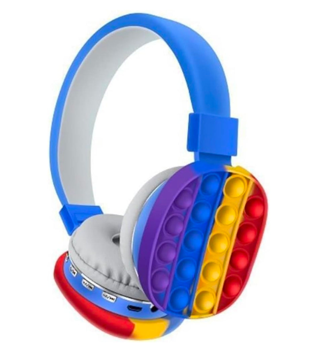 On-ear fidget bubble pop headphones with blue headband, rainbow silicone earcups, gray pads