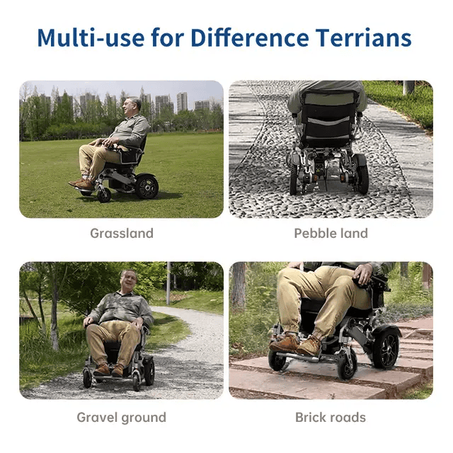 Electric wheelchair shown in multiple outdoor positions, black seat, grey wheels