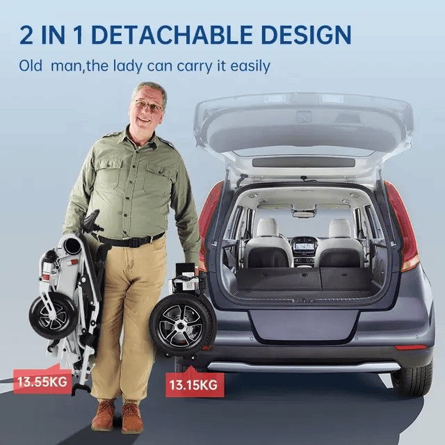 Folded electric wheelchair with seat folded, grey frame and front wheels ready