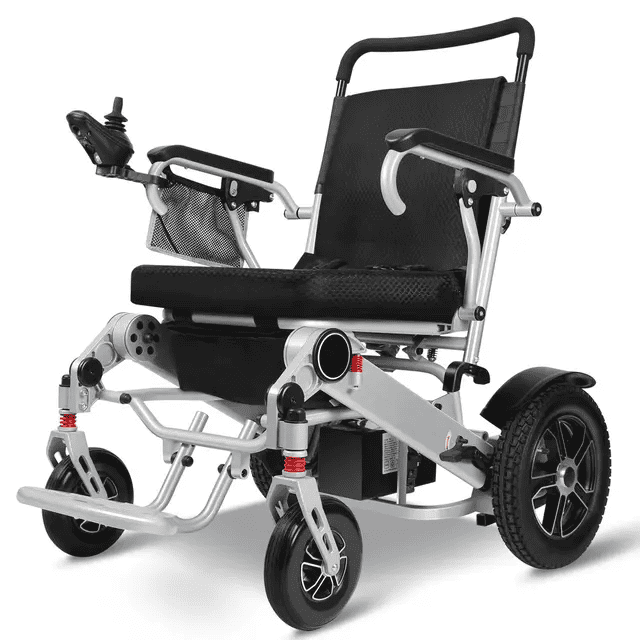 Electric wheelchair in driving position, black seat and armrests, grey metal frame