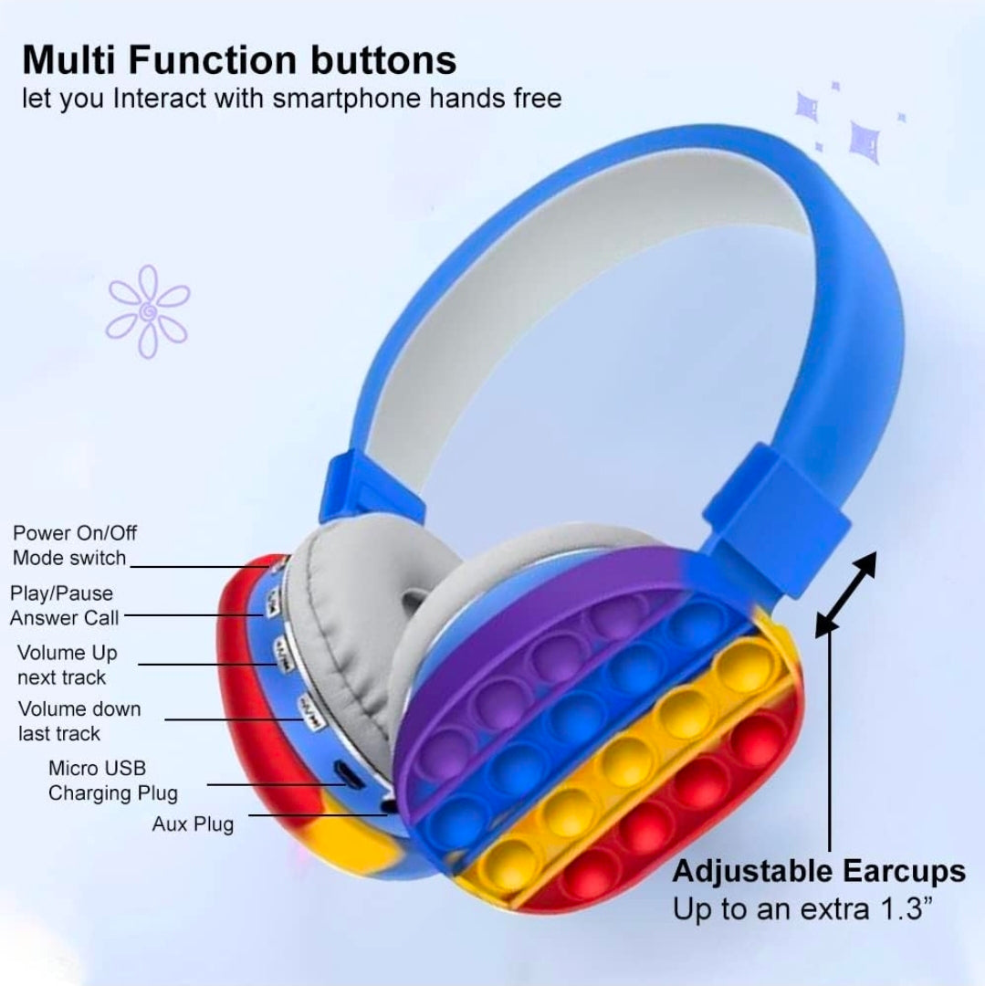 Multi-button blue on-ear headphones with colorful bubble pop earcups and side controls