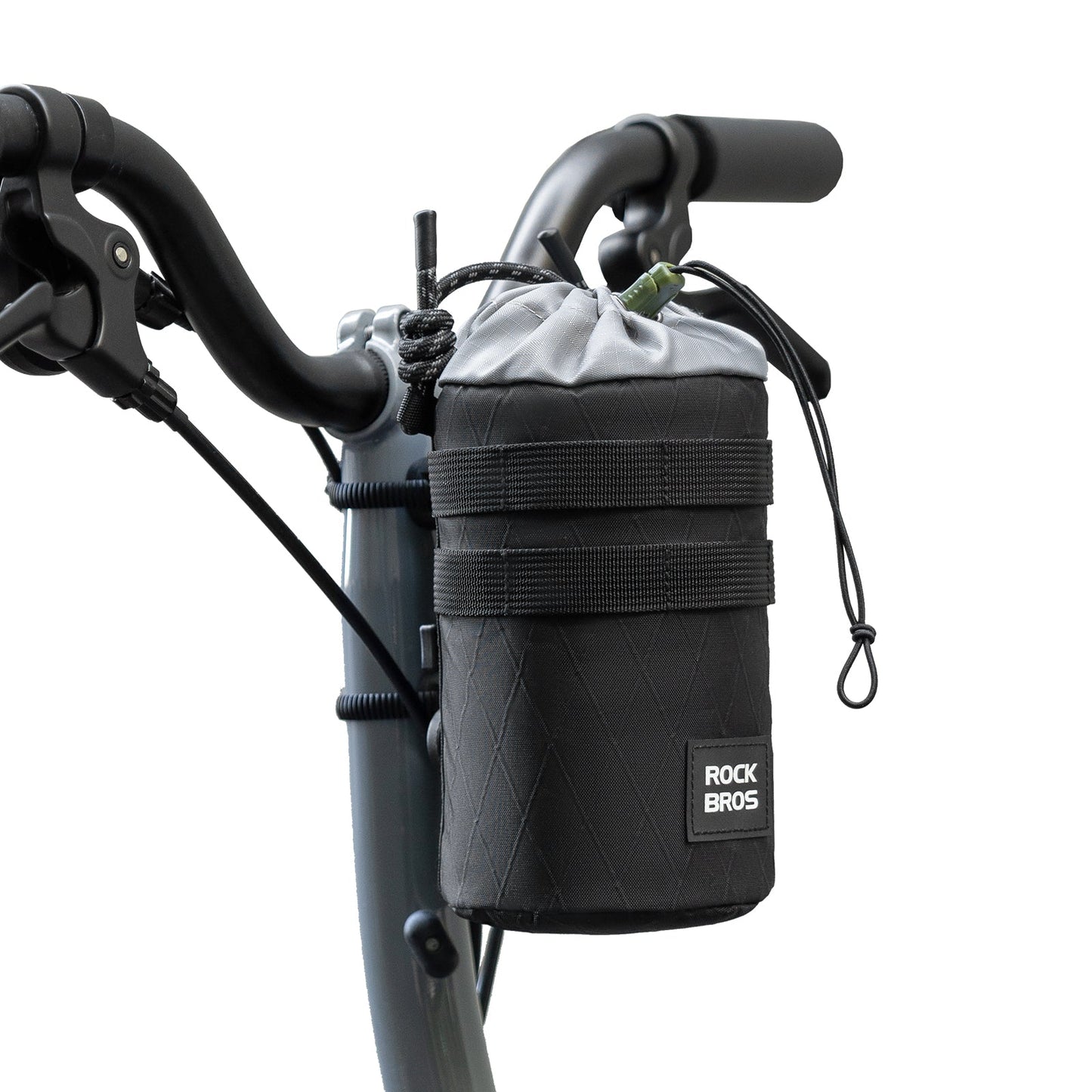 Rock Bros bike water bottle bag, 1.2L capacity, handlebar-mounted, black with grey drawstring top