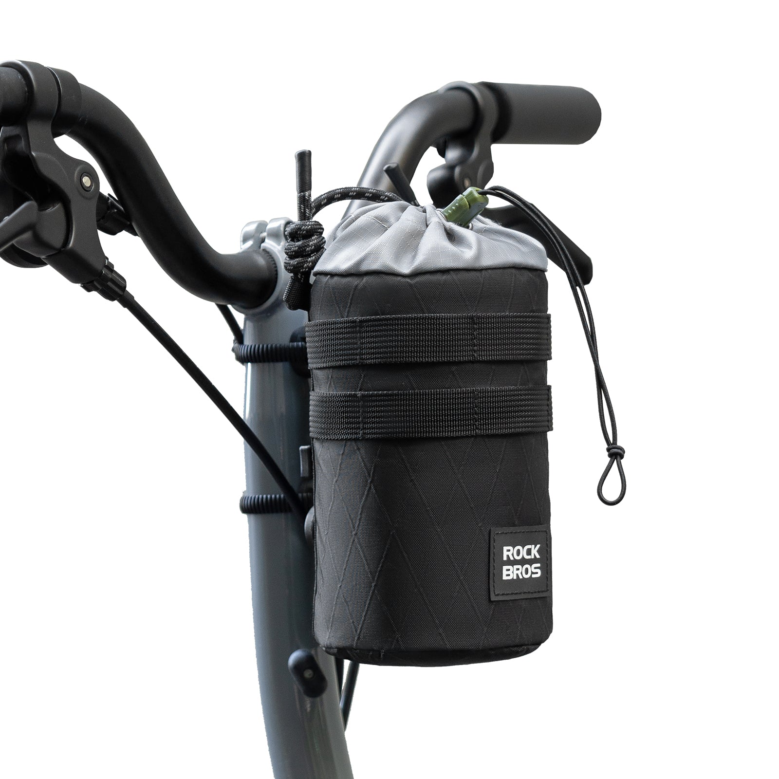 Rock Bros bike water bottle bag, 1.2L capacity, handlebar-mounted, black with grey drawstring top