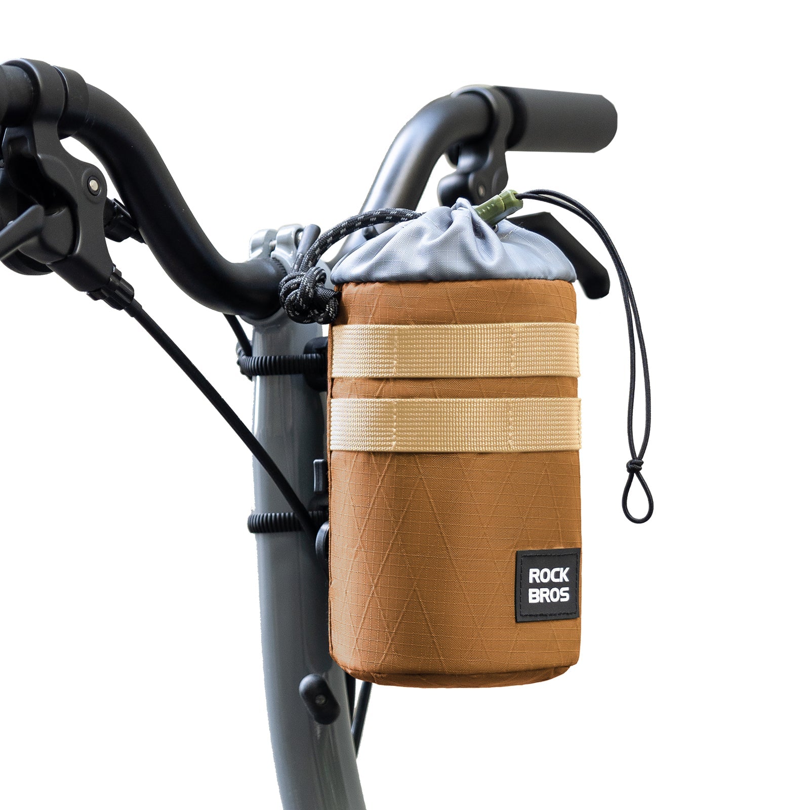 ROCK BROS bike handlebar bag for water bottles, 1.2L capacity, tan color