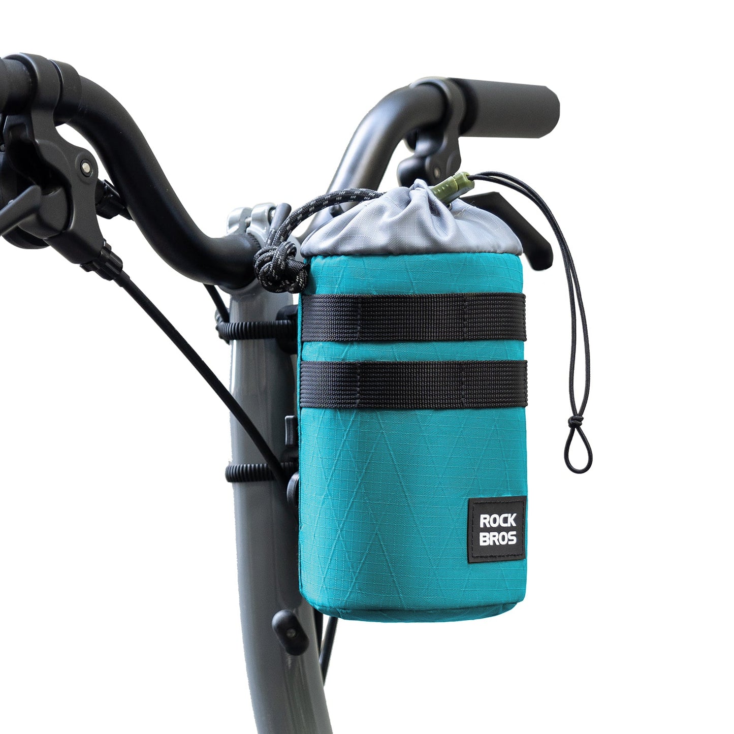 Rockbros teal bike water bottle bag, 1.2L capacity, attaches to handlebars