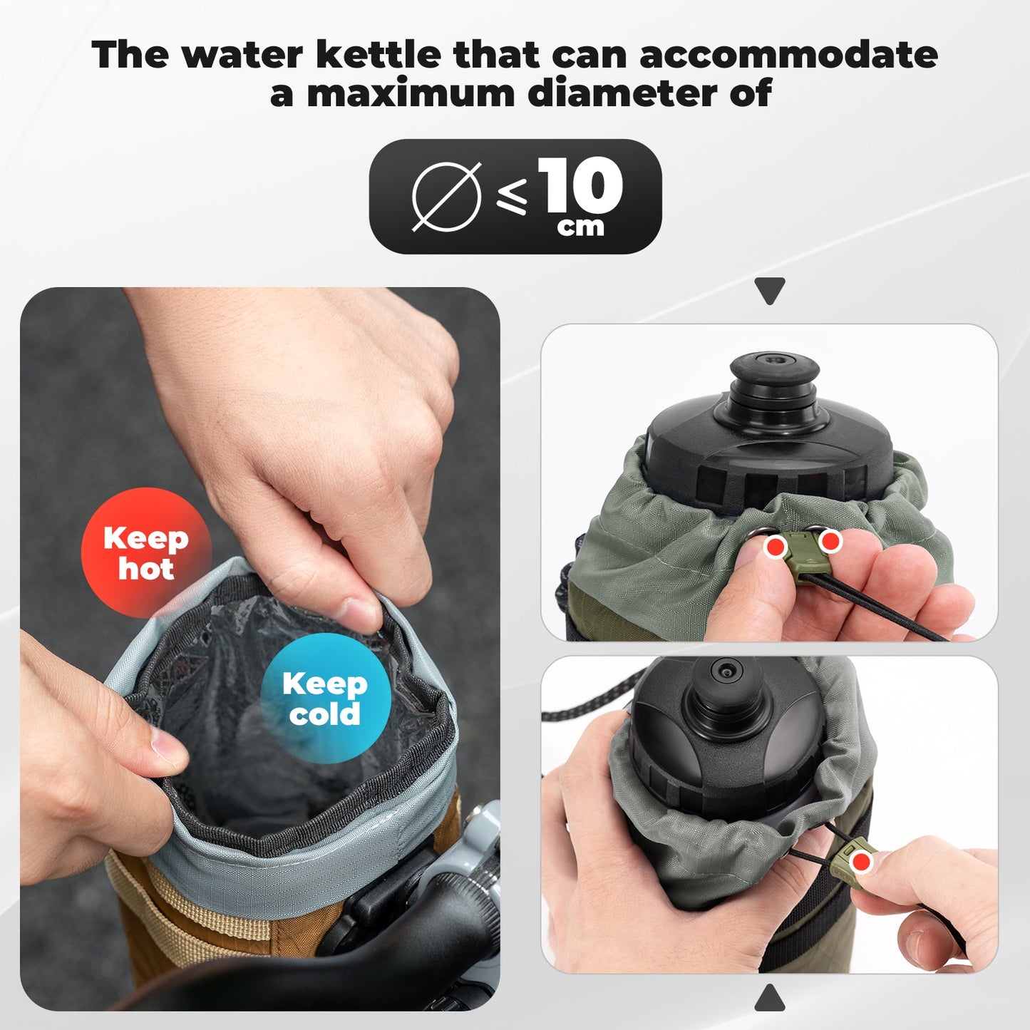 Bike water bottle bag with adjustable drawstring closure, fits bottles up to 10cm diameter