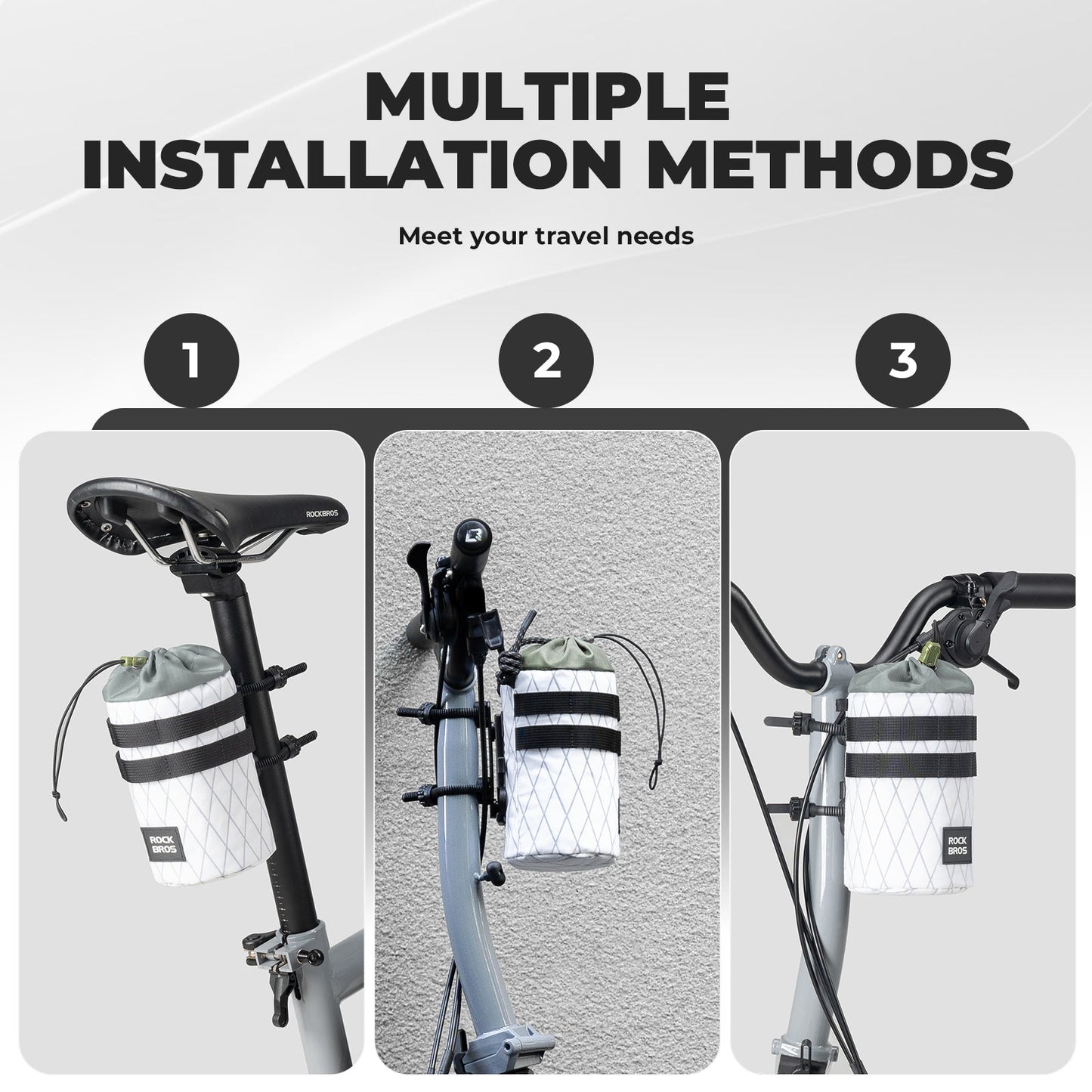 ROCK BROS bike water bottle bag: Multiple installation methods on seat post, handlebar, or frame