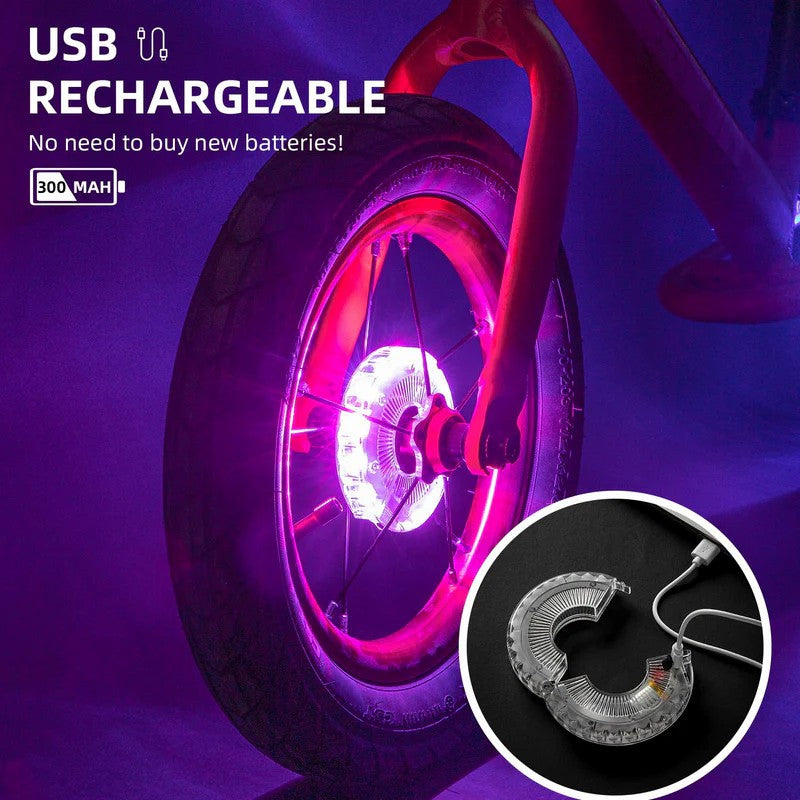USB rechargeable LED bike wheel hub light ring glowing purple-pink
