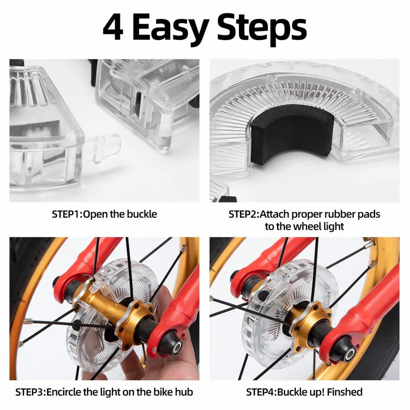 LED bike hub light ring with mounting clamp attached to wheel