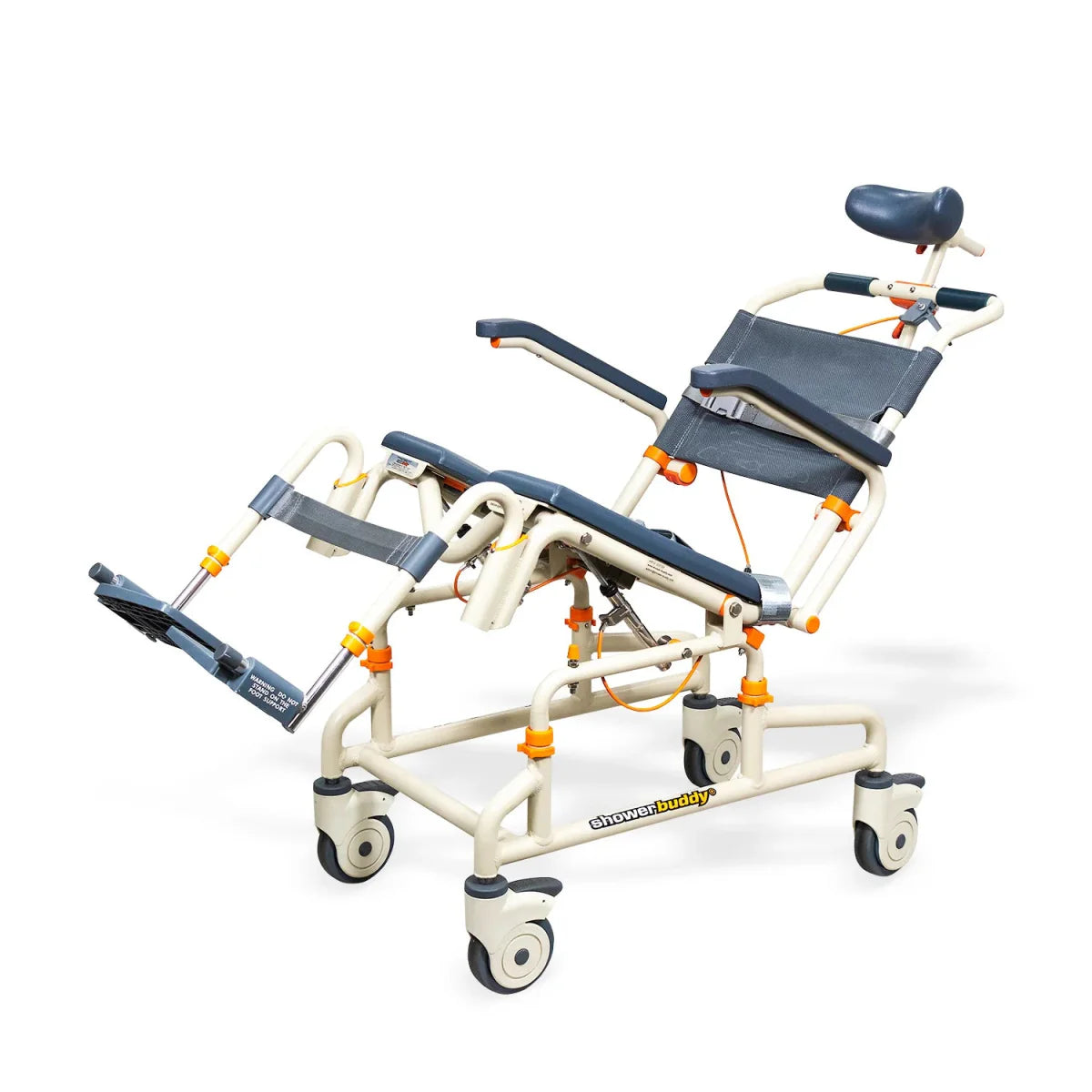 Shower chair with tilt, split leg supports, dark blue cushion, rolling caster base
