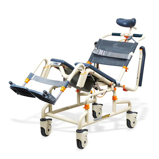 Tilt shower chair with leg supports and footrests, dark blue upholstery, white frame