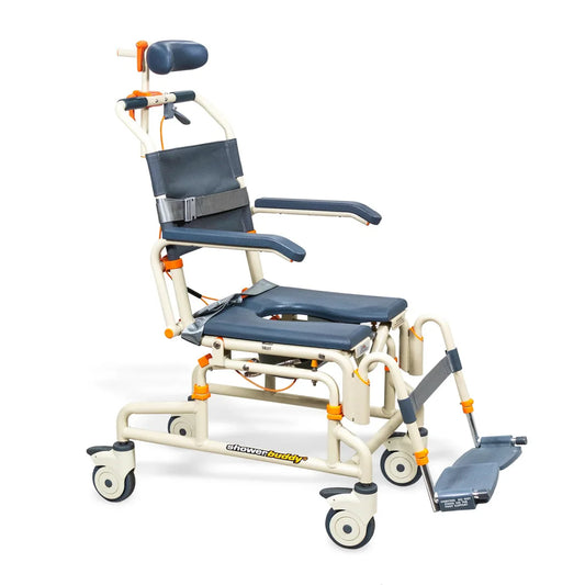 Roll-in shower chair with tilt, dark blue seat and back, white frame, armrests