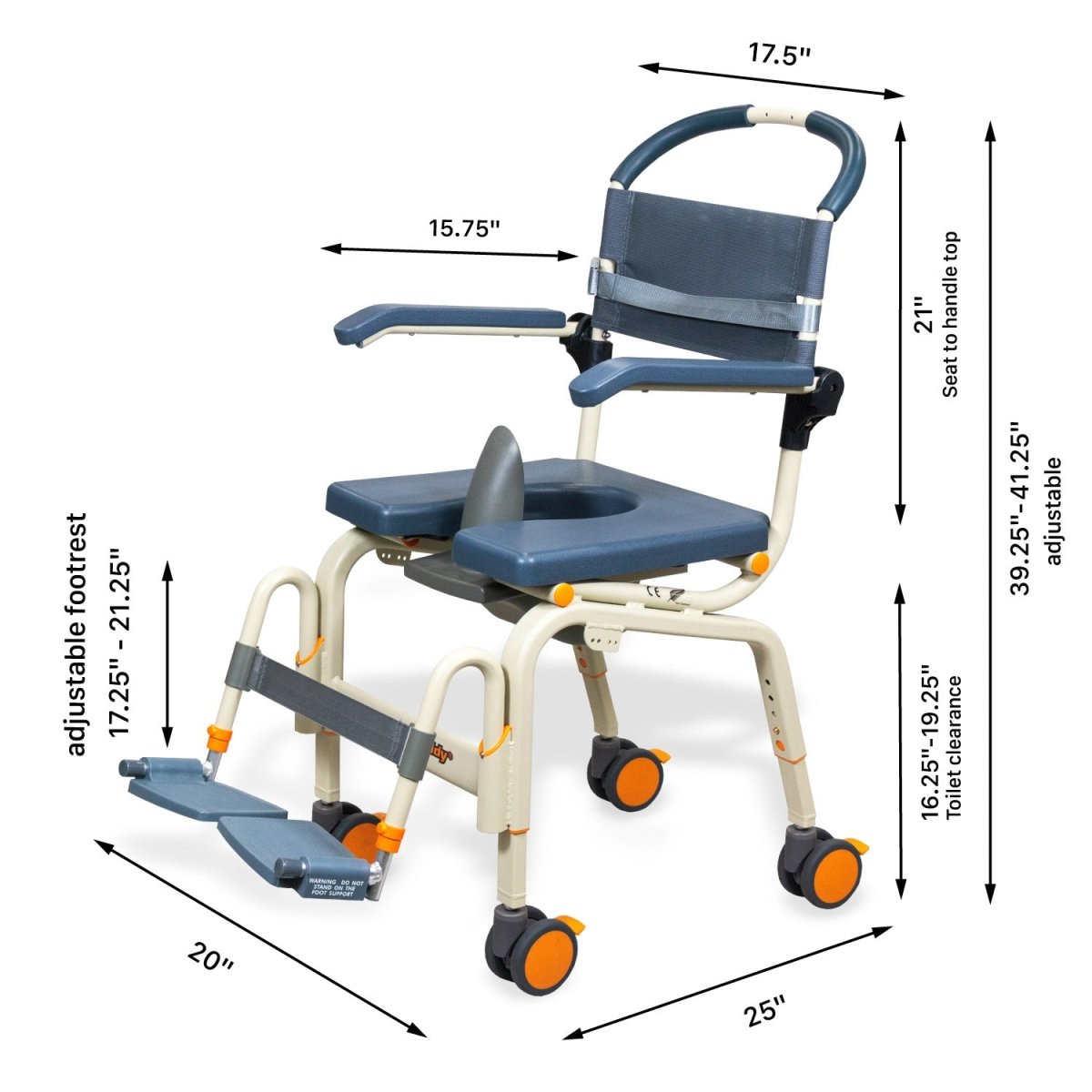 Roll-in shower chair size diagram with dimensions and adjustable height range