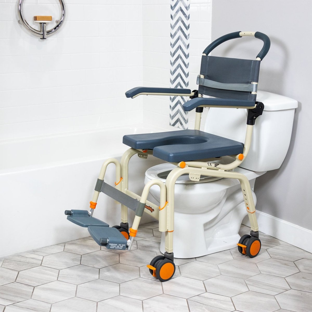 Roll-in shower chair in shower setup: blue seat and commode opening with backrest