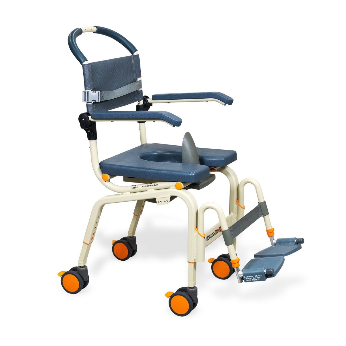 Roll-in shower chair with navy armrests, blue seat, and four orange swivel wheels