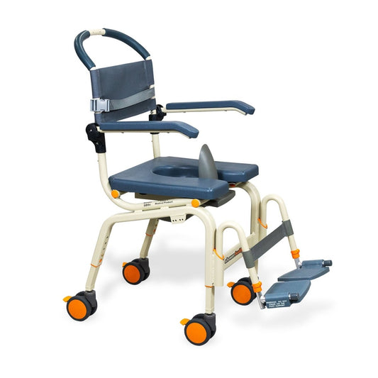 Roll-in shower chair with navy armrests, blue seat, and four orange swivel wheels