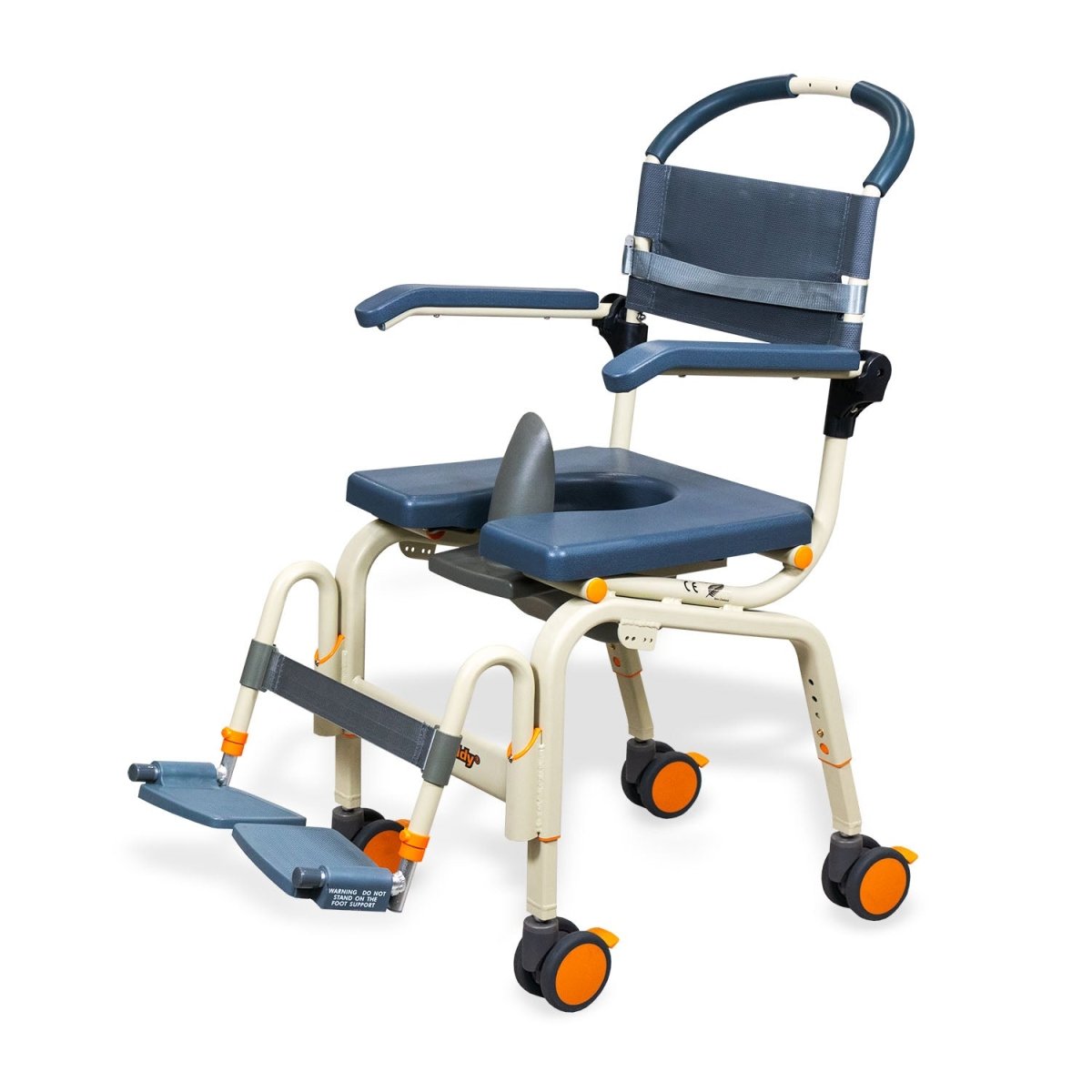 Roll-in shower chair with backrest, armrests, blue commode seat, and side footrest