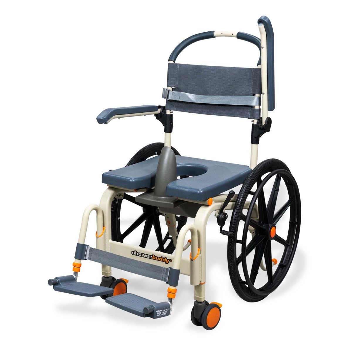 ShowerBuddy roll-in wheelchair with blue seat, padded armrests, and front access footrest