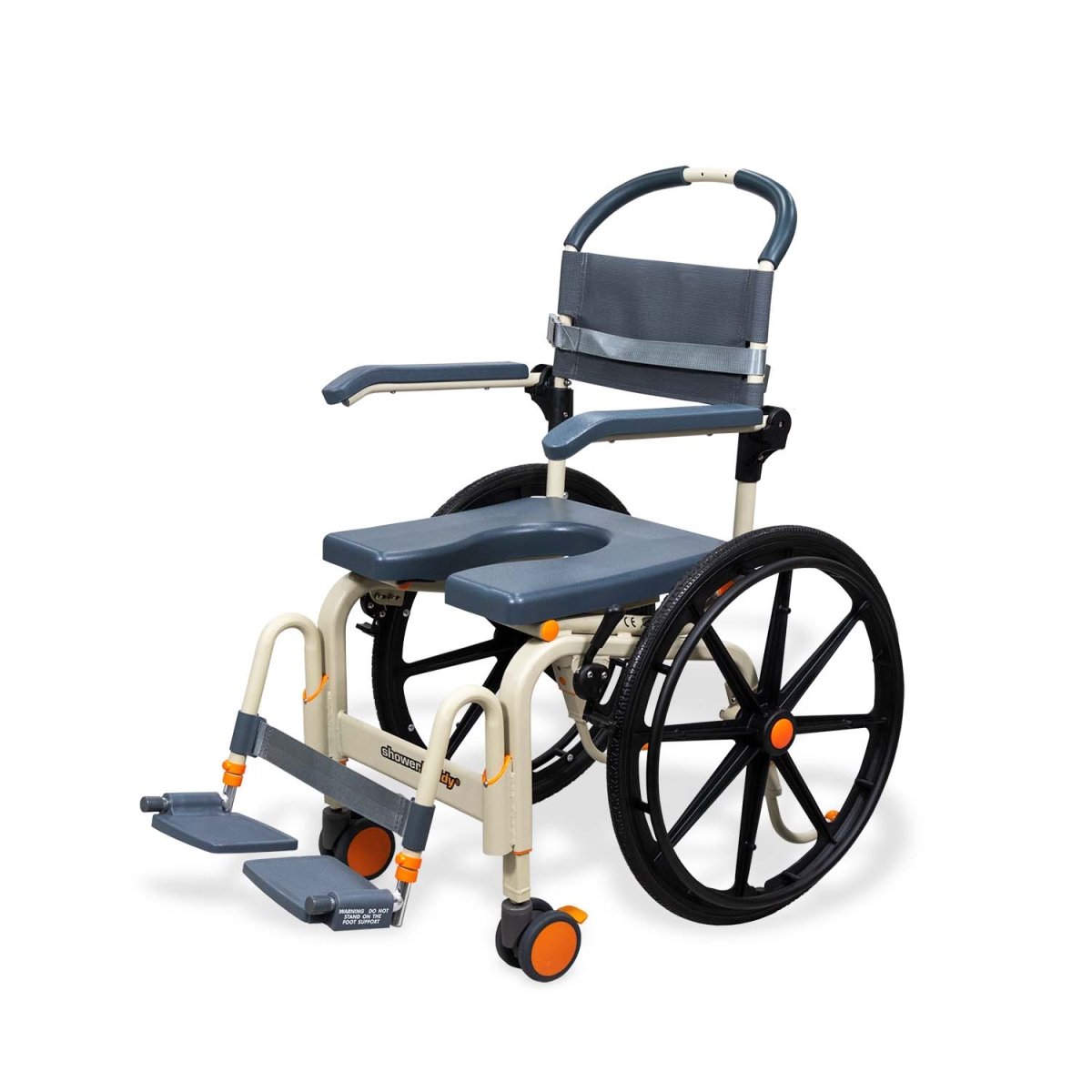 Roll-in shower wheelchair with wide wheels, padded armrest pads, blue seat and leg rest