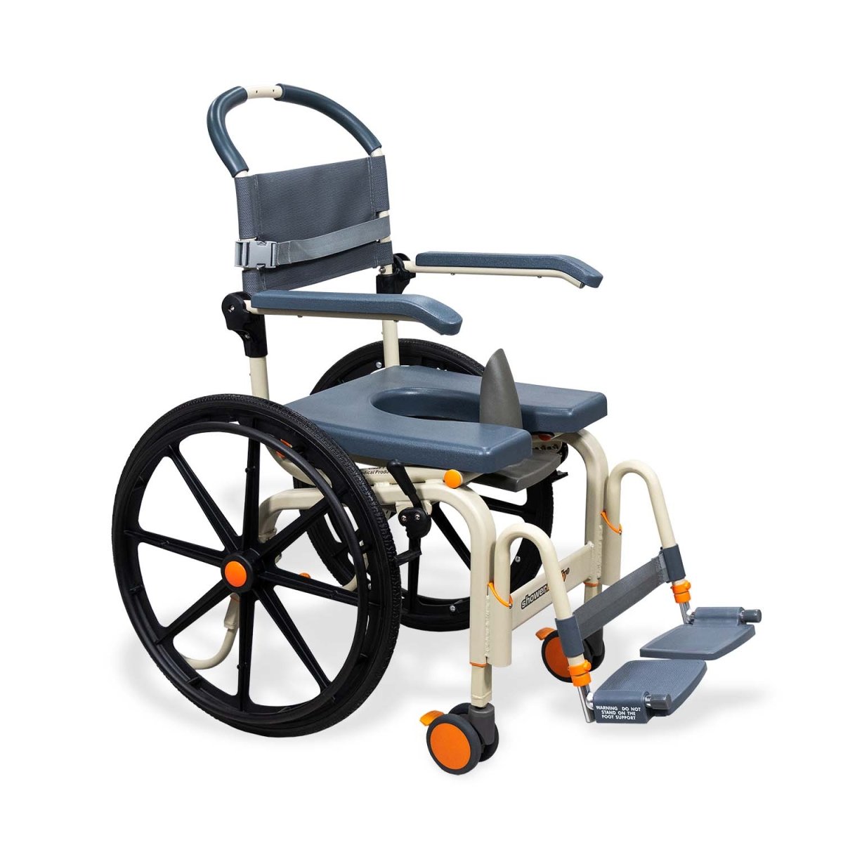 Shower wheelchair with padded backrest, removable armrests, blue seat cushion, footrests