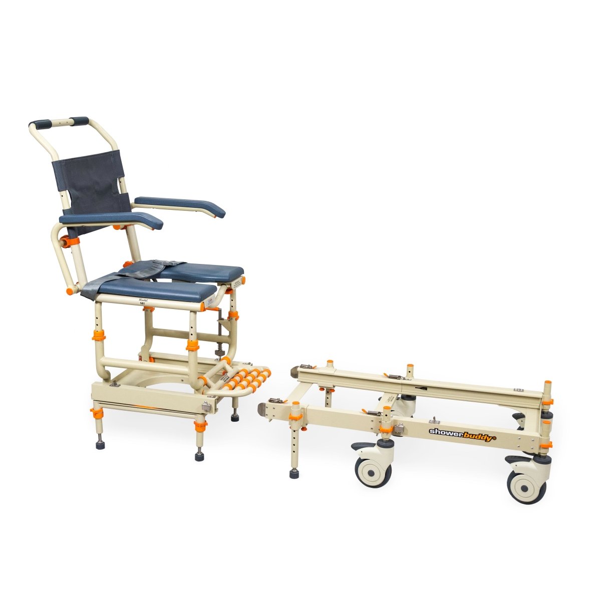 Rolling shower chair with long cream base rail, navy seat cushion, orange adjustment parts