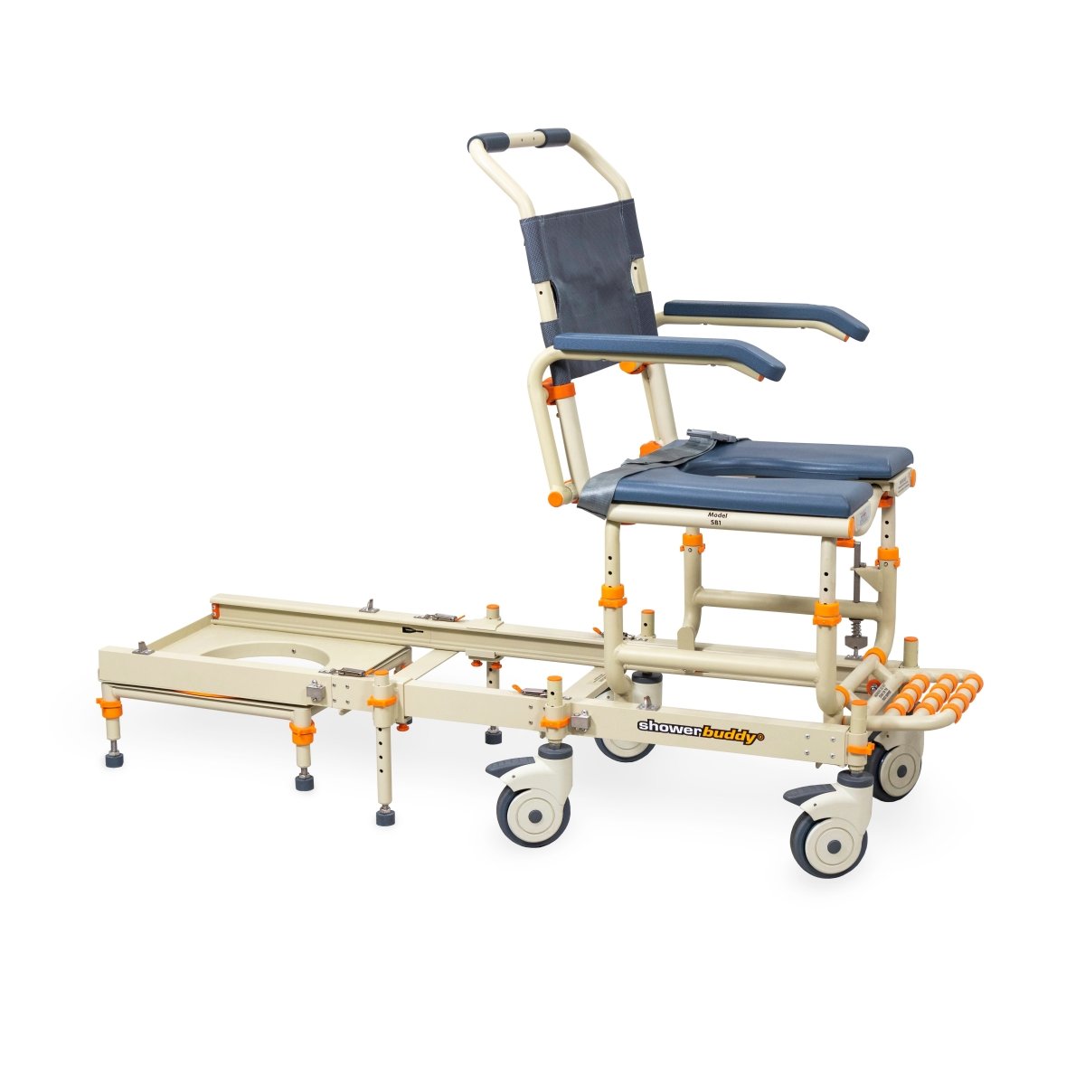 Rolling shower chair with navy seat and back, cream frame, orange accents, and wheels