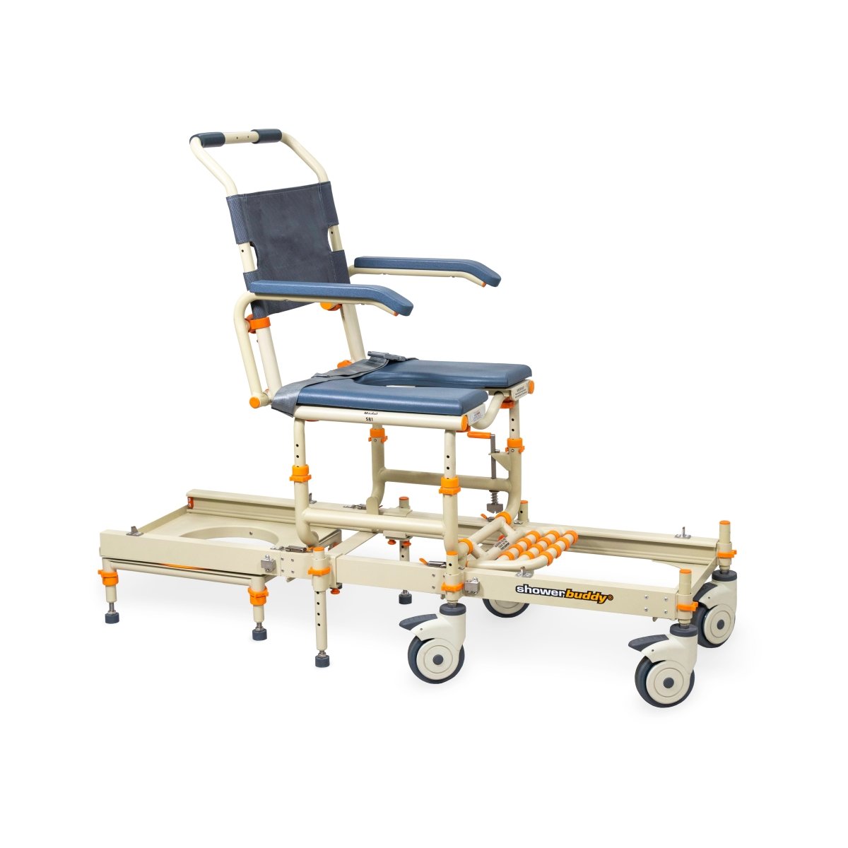 Rolling shower chair with navy upholstery, curved armrests, cream frame, orange caster wheels