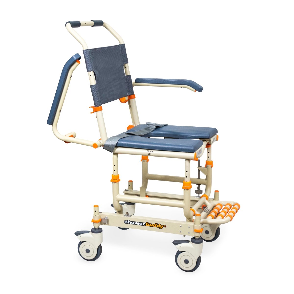 Shower chair front view: navy padded back and seat, curved armrests, cream frame, casters