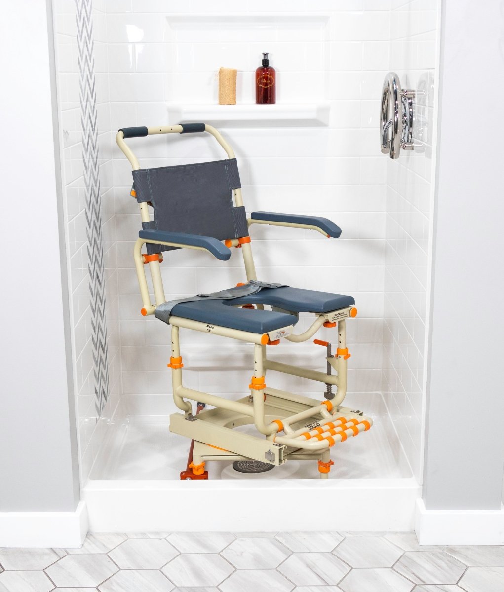 Rolling shower chair in shower: navy seat, cream frame, orange lift points, caster wheels