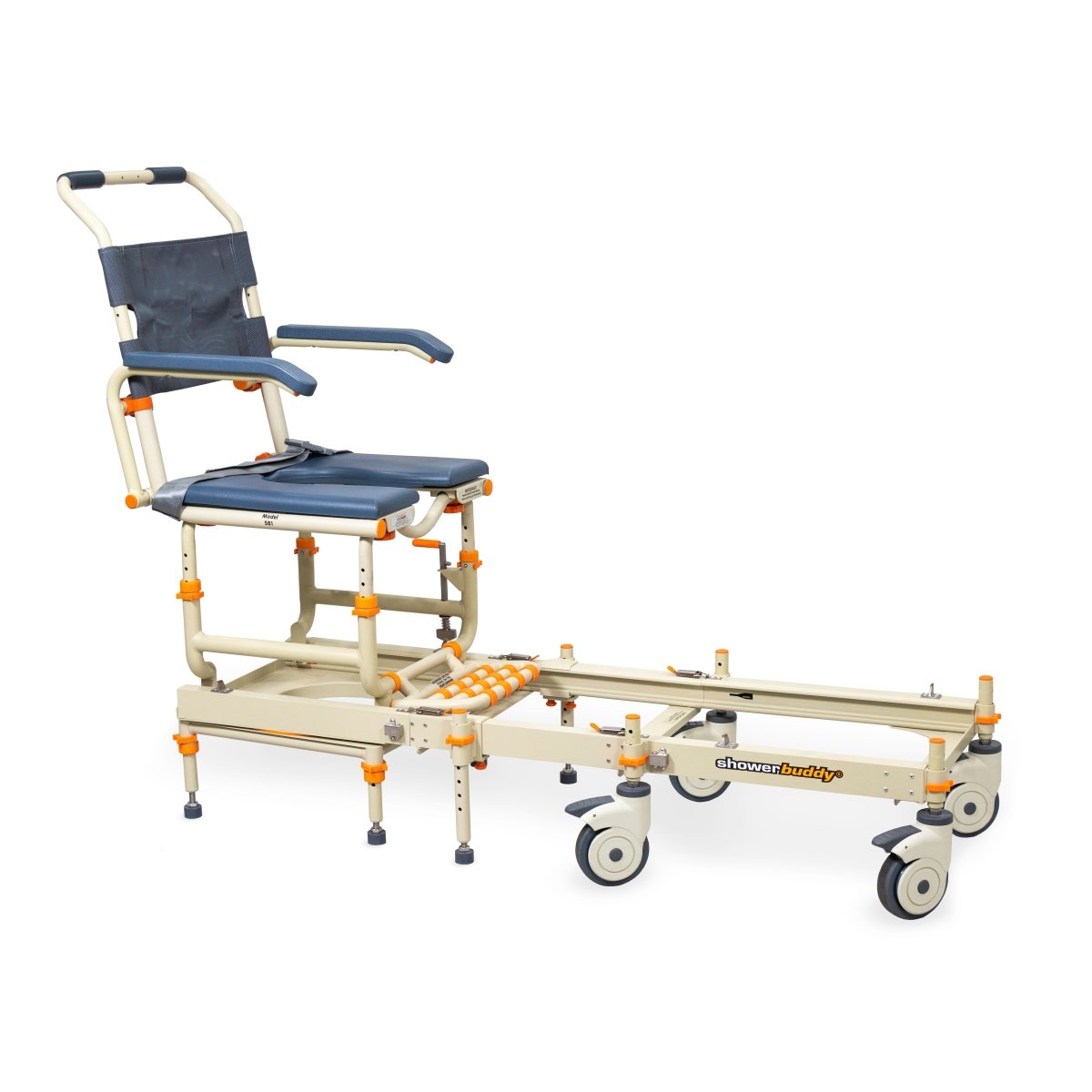 Shower chair with transfer rail/platform and navy padded seat, cream frame, rolling casters