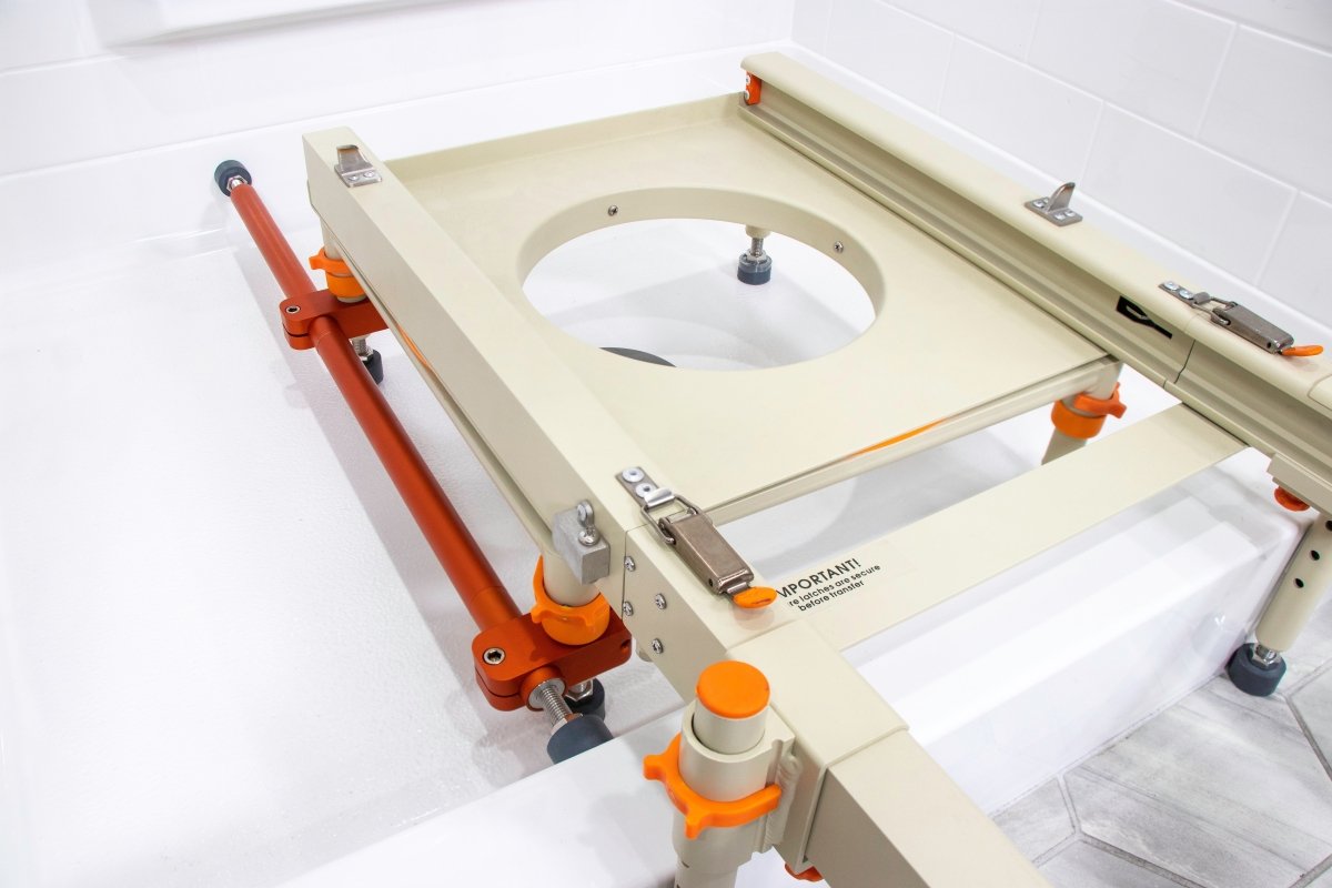 Rolling shower chair with raised toilet seat opening and cream platform support
