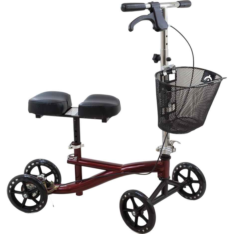 Deluxe knee scooter with padded knee platform, burgundy frame, front basket