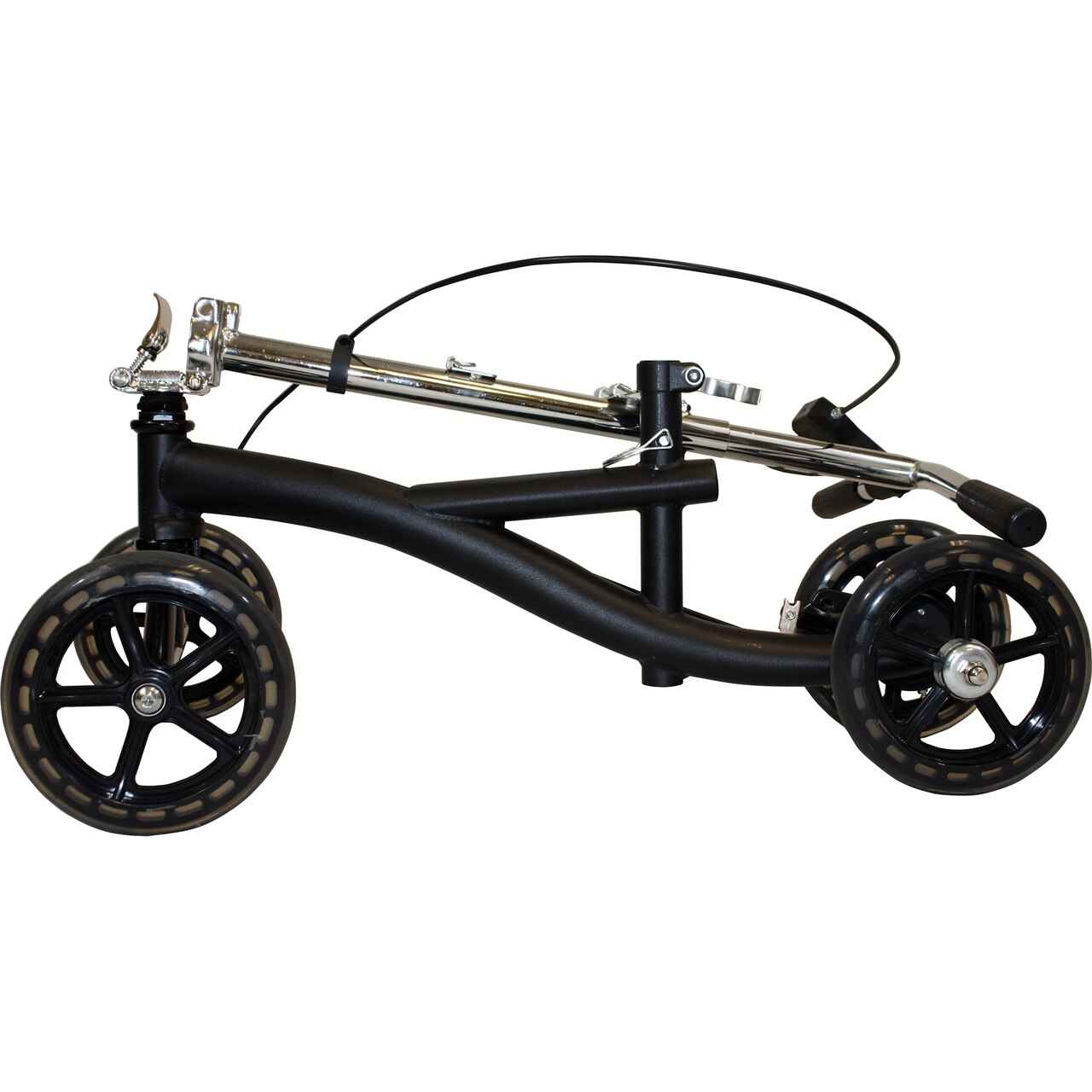 Deluxe knee scooter side view with padded knee supports, handlebar, rear wheels