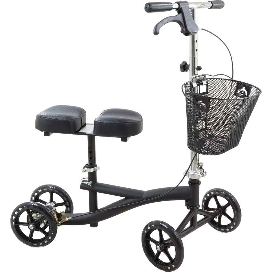 Deluxe knee scooter with padded knee platform, black frame, front basket