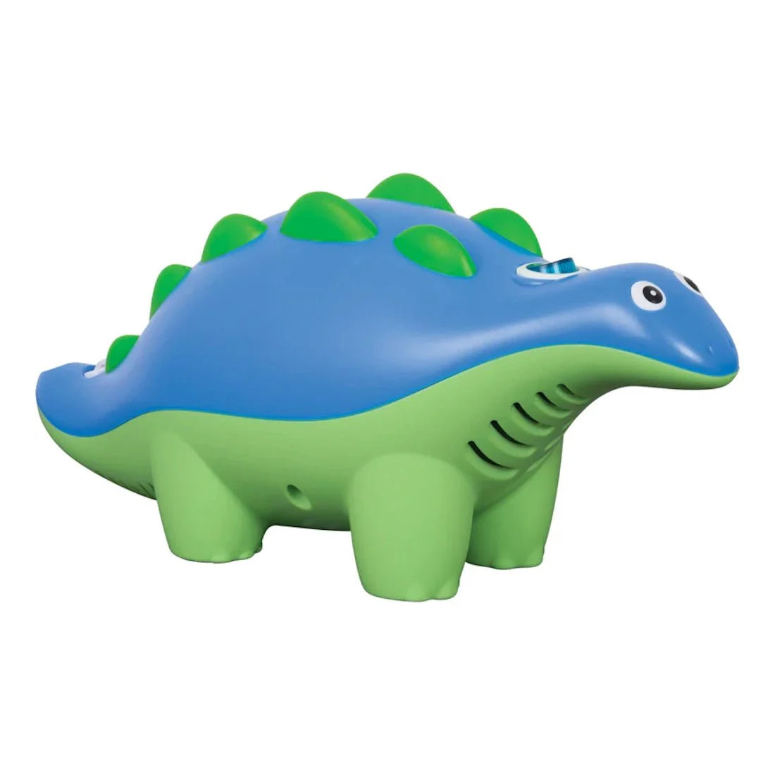 Blue and green dinosaur-shaped pediatric nebulizer device with ridged vents