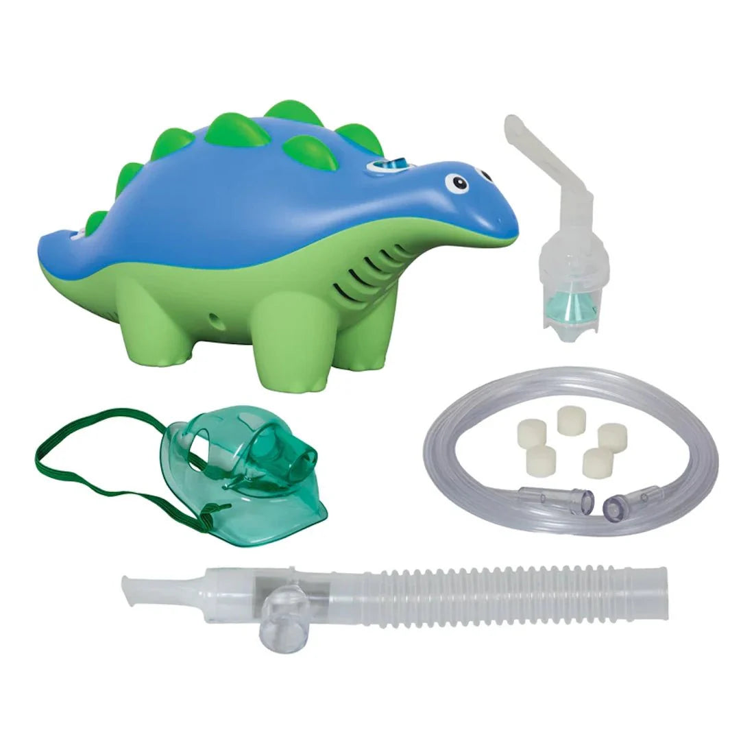 Dinosaur nebulizer with green mask, clear tubing, and disposable nebulizer cup kit