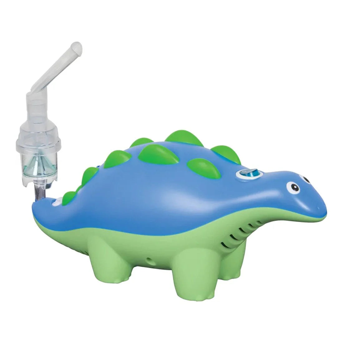 Side view of blue-green dinosaur nebulizer with clear inhalation mouthpiece