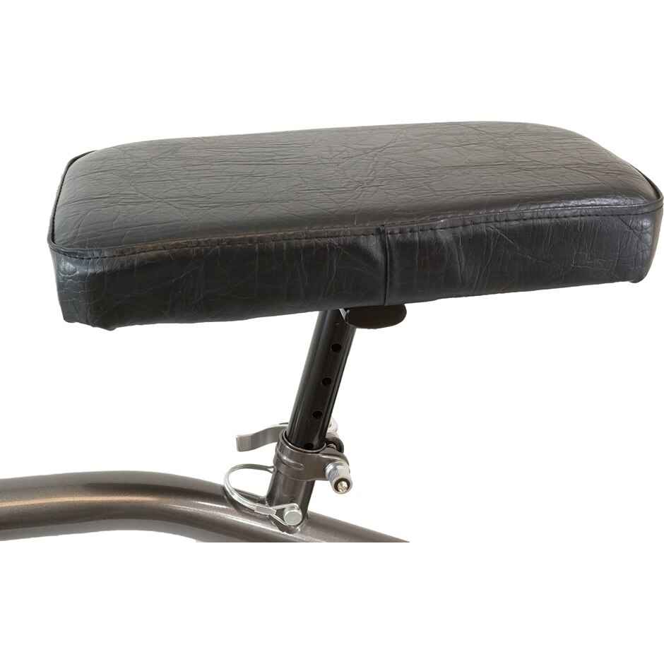 Knee scooter padded seat in dark grey on a sterling grey support post.