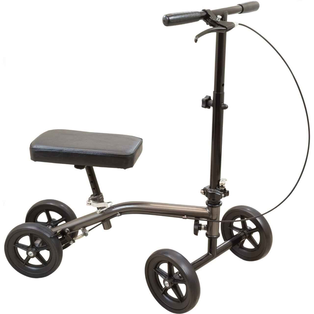 Sterling grey knee scooter with padded seat, hand grips, and four-wheeled base.