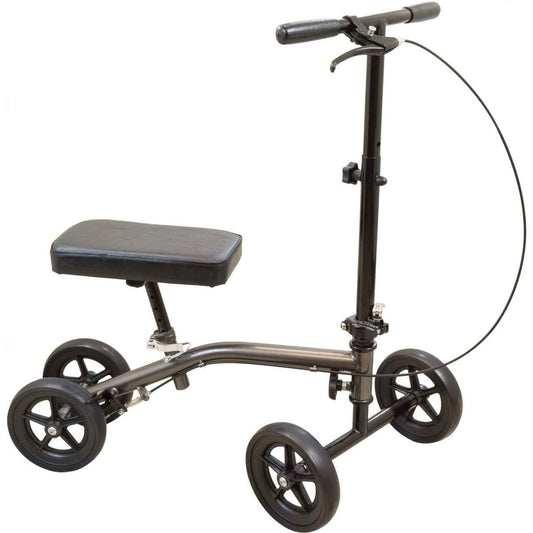 Sterling grey knee scooter with padded seat, hand grips, and four-wheeled base.