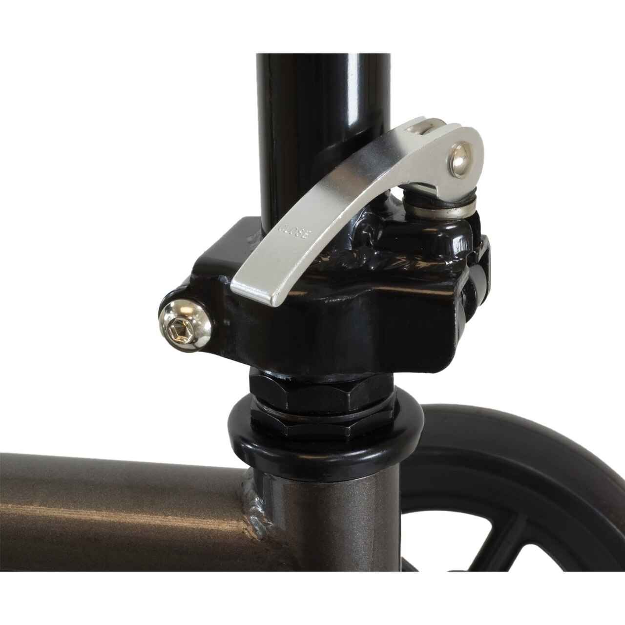 Knee scooter steering assembly with height post, metal lever, and black bracket.