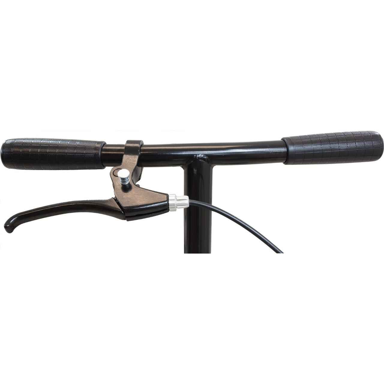 Knee scooter handlebar with black grips, control lever, and cable routing.