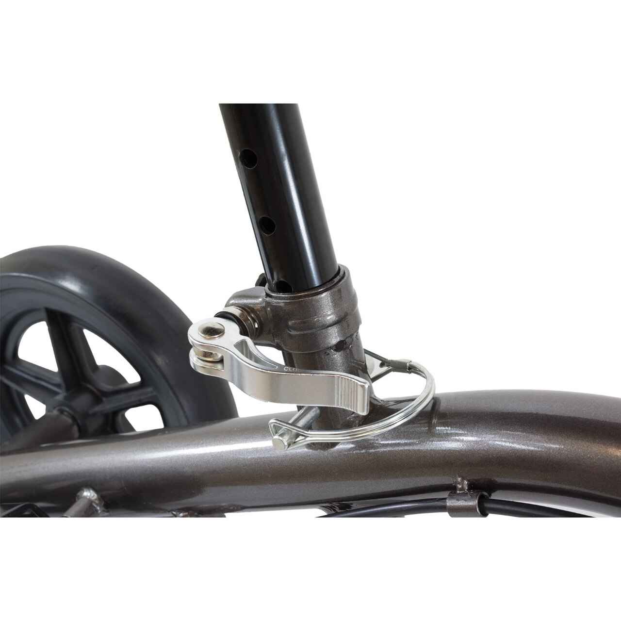 Knee scooter frame detail with steering tube and rear wheel bracket in sterling grey.