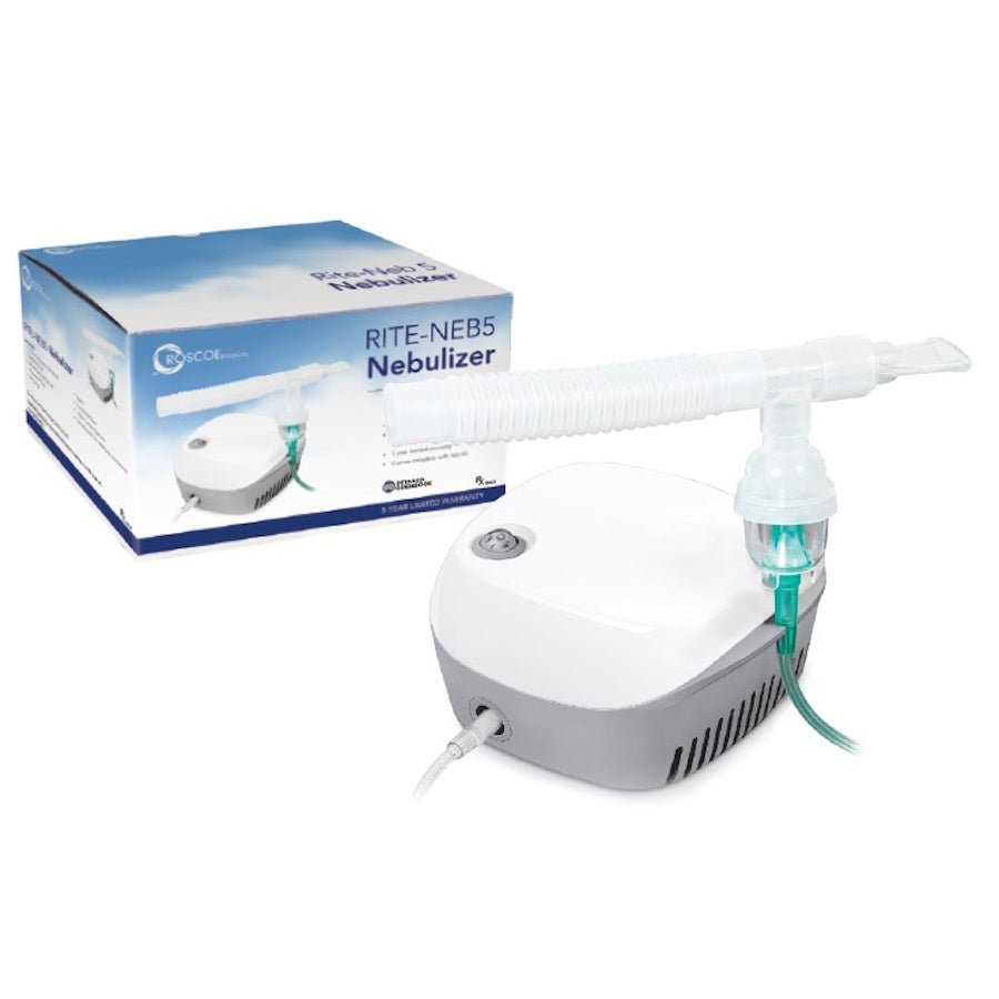 White and gray nebulizer compressor with clear neb kit tubing and green mouthpiece