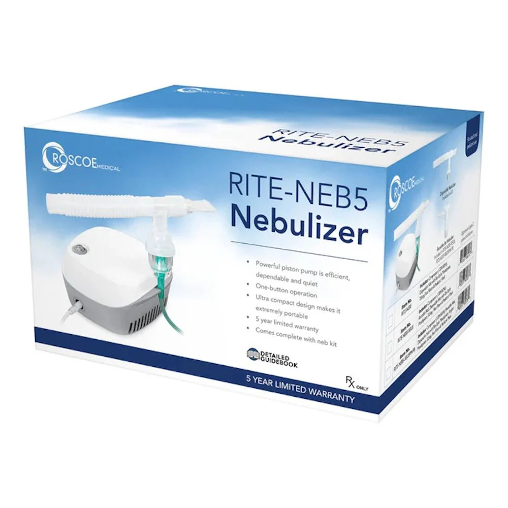 RITE-NEB5 nebulizer compressor product box with text and device illustration